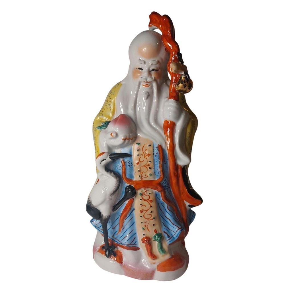 Vintage Chinese Porcelain 15" Shou Lao Figurine Star God of Longevity Crane